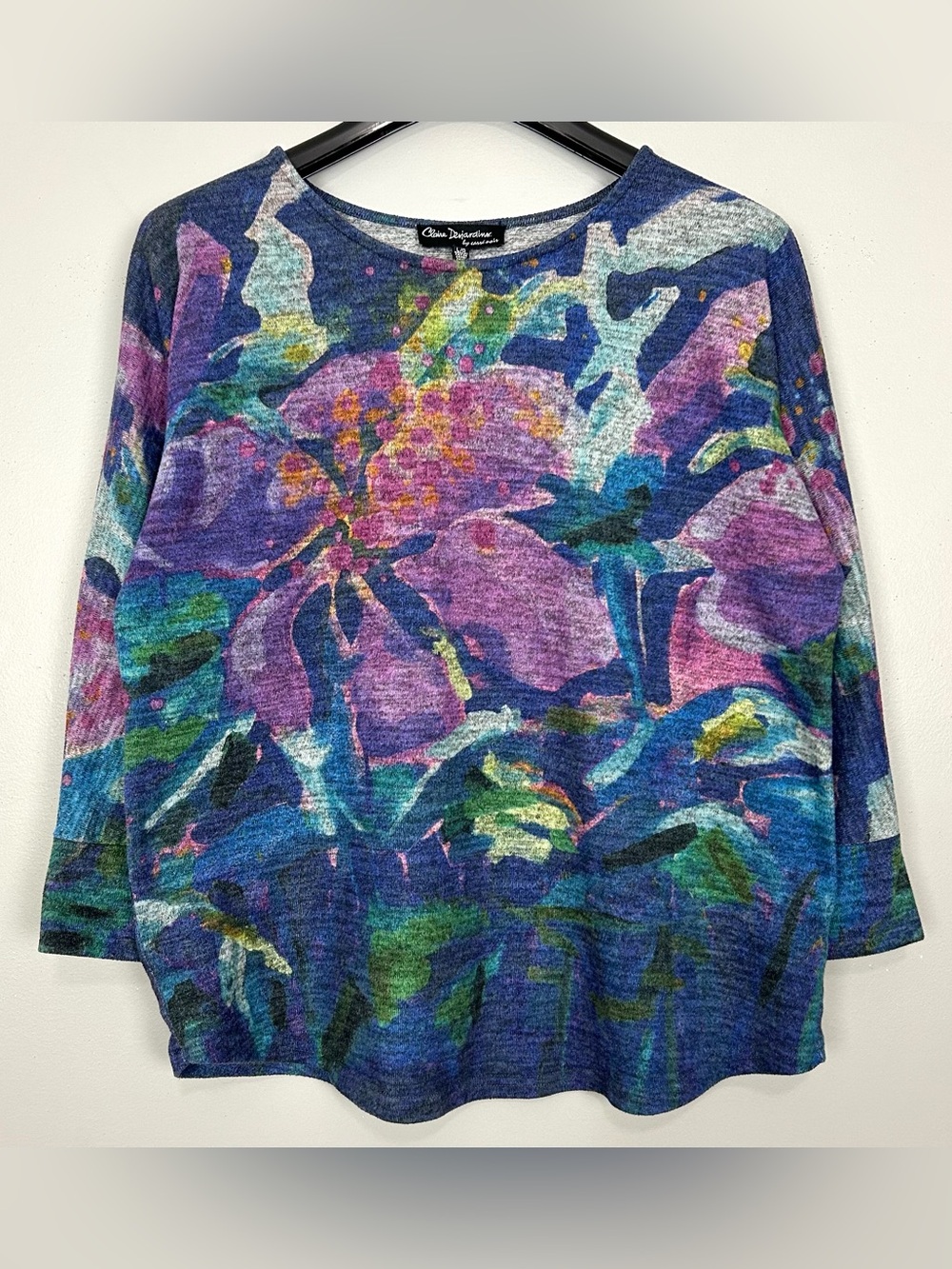 Claire Desjardins Wearable Art Knit Top Women’s Size L Watercolor Floral Sweater